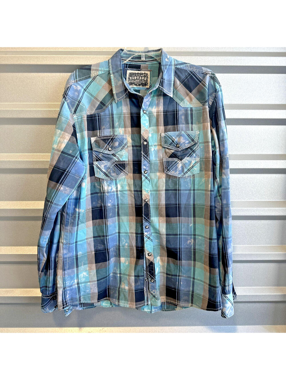 BKE VINTAGE ATHLETIC FIT ACID WASH PLAID PEARL SNAP SHIRT BLUE MENS SIZE L